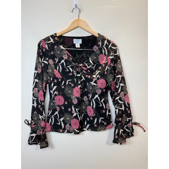 Y2K Vintage Ann Taylor Loft Women's Petite Size Small Black Blouse Top Floral - Picture 1 of 4